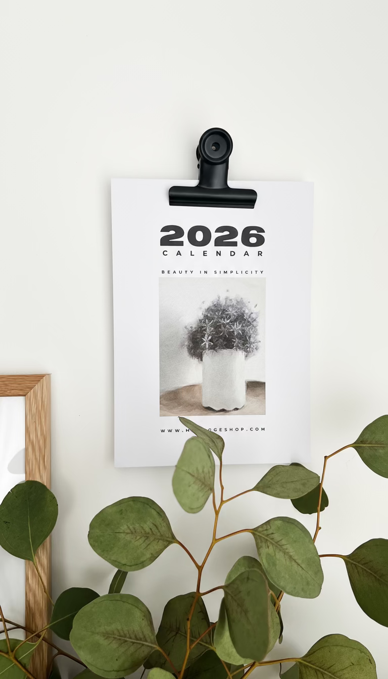 2026 calendar on a clip with a plant in the foreground